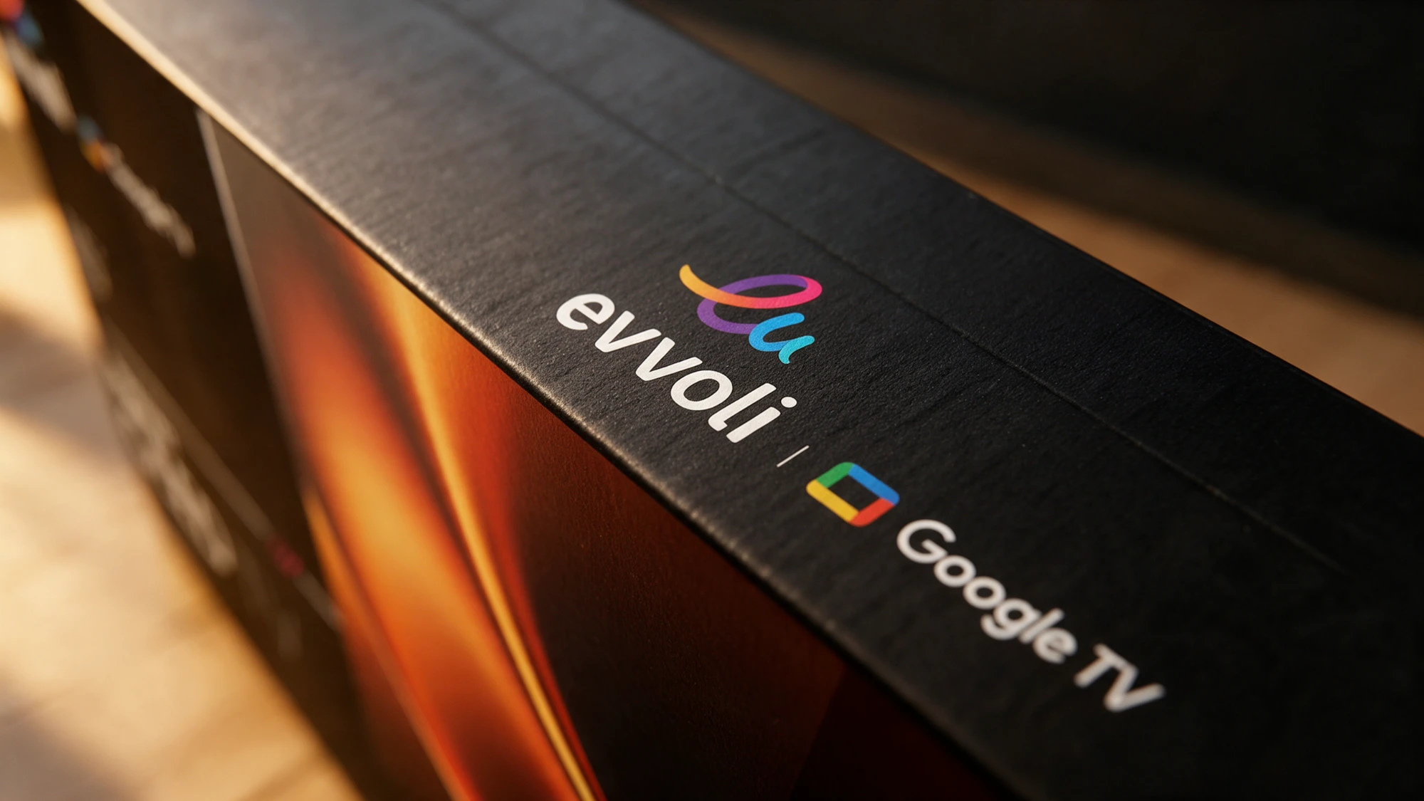 evvoli and Google TV logos on the box of an evvoli television